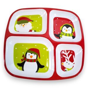 Kid's Christmas Melamine Divided Plate 4 Sections with Santa, Penguins, Reindeer